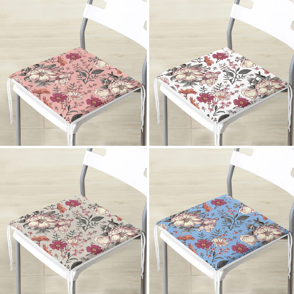 4'lü Pastel Zemin Kurumuş Çiçek Çizimli Dijital Baskılı Modern Fermuarlı Sandalye Minderi Seti Realhomes