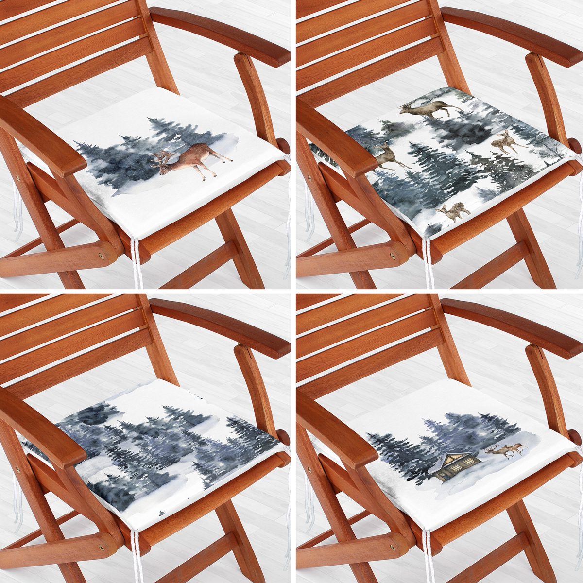 4'lü Özel Tasarım Geyikler & Çam Ağacı Motifli Dijital Baskılı Modern Fermuarlı Sandalye Minderi Seti Realhomes