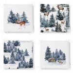 4'lü Özel Tasarım Geyikler & Çam Ağacı Motifli Dijital Baskılı Modern Fermuarlı Sandalye Minderi Seti Realhomes