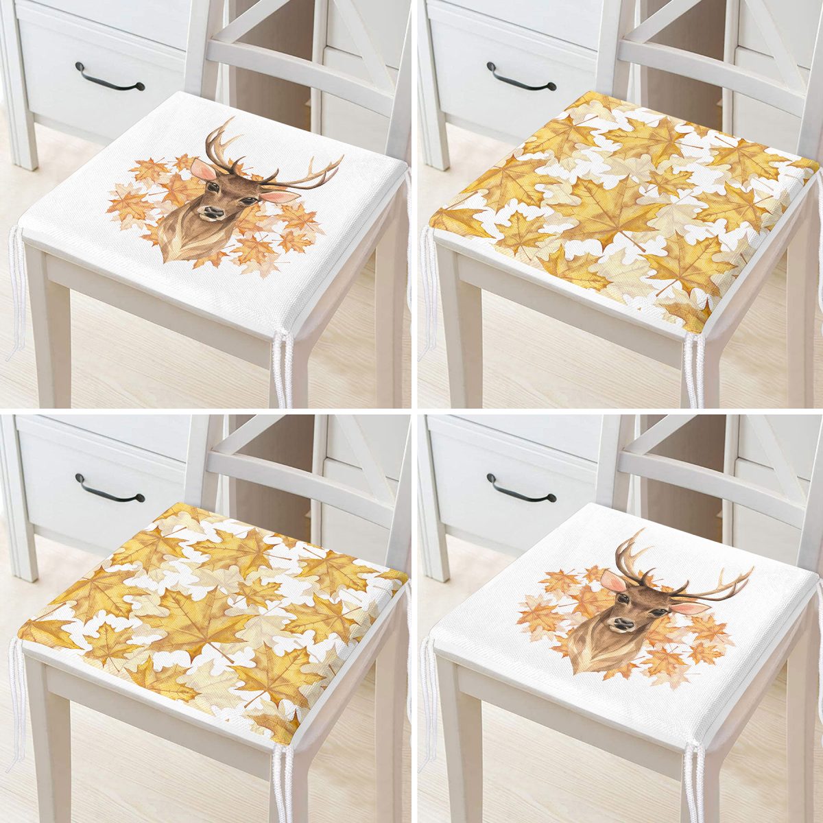 4'lü Kurumuş Sonbahar Yaprakları & Geyik Tasarımlı Dijital Baskılı Modern Fermuarlı Sandalye Minderi Seti Realhomes