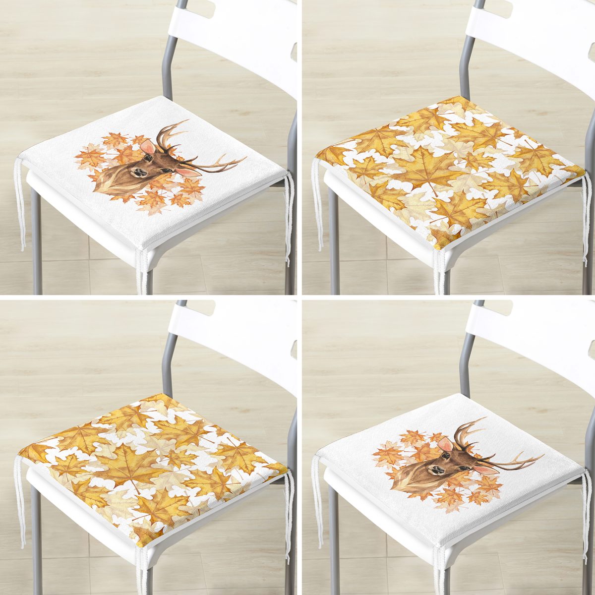 4'lü Kurumuş Sonbahar Yaprakları & Geyik Tasarımlı Dijital Baskılı Modern Fermuarlı Sandalye Minderi Seti Realhomes