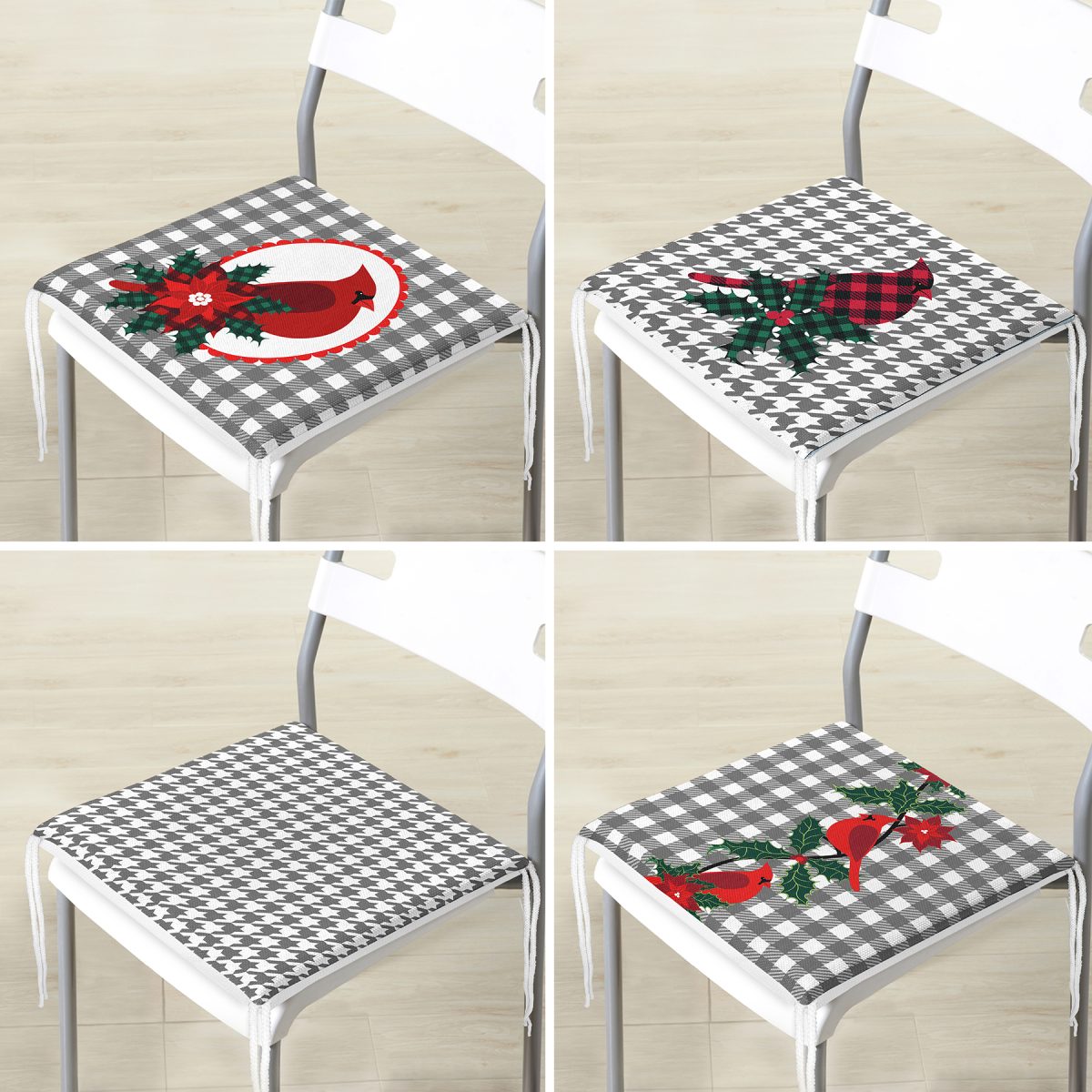 4'lü Gri Ekose Zeminli Kuş Tasarımlı Dijital Baskılı Modern Fermuarlı Sandalye Minderi Seti Realhomes