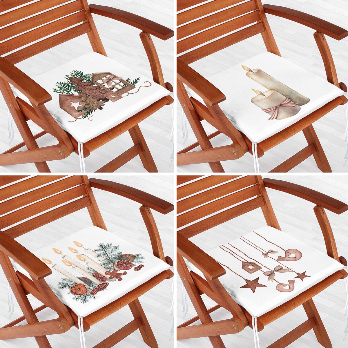 4'lü Özel Tasarım Mum Dekoratif Süs Tasarımlı Dijital Baskılı Modern Fermuarlı Sandalye Minderi Seti Realhomes