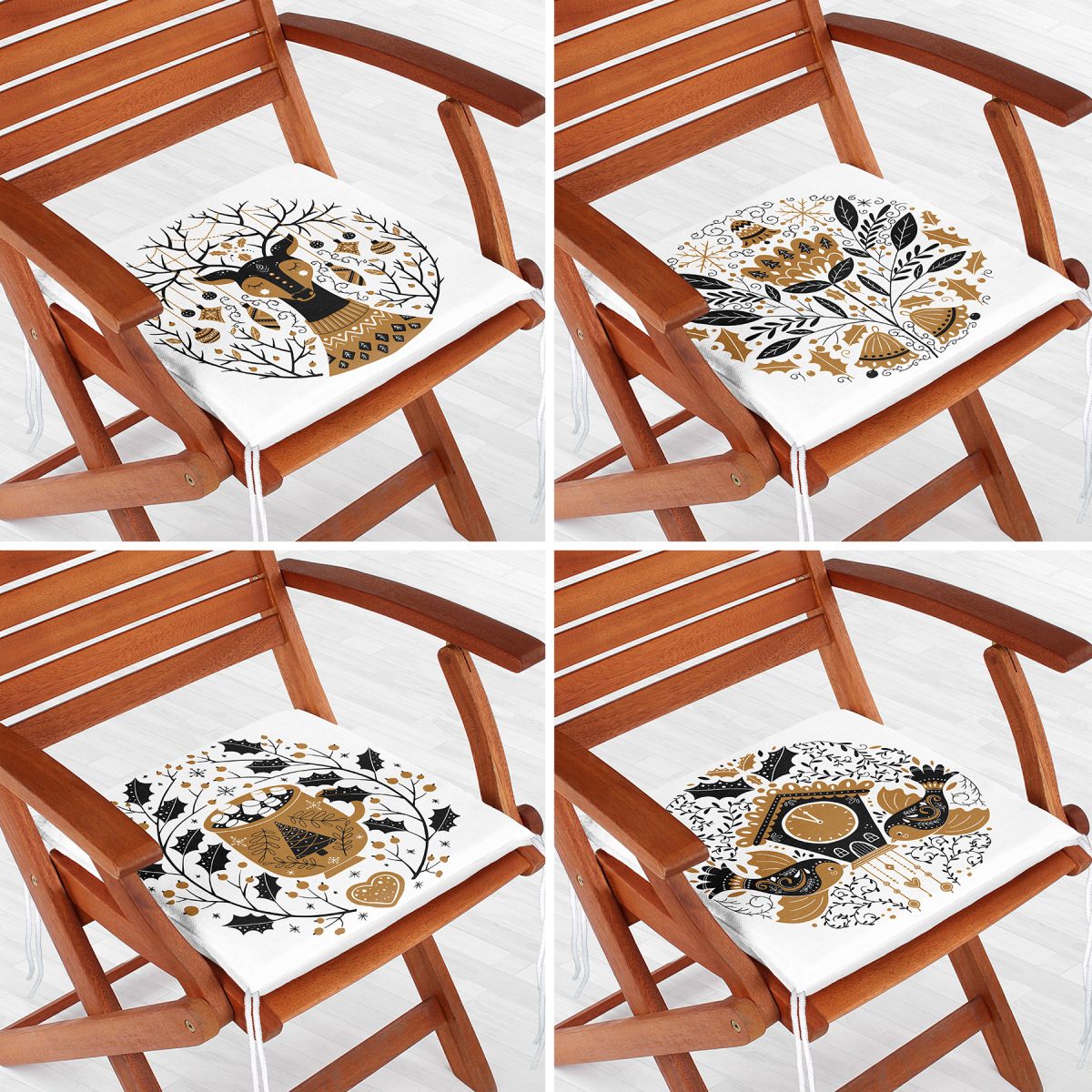 4'lü Kahve & Siyah Renkli Özel Tasarım Dijital Baskılı Modern Fermuarlı Sandalye Minderi Seti Realhomes