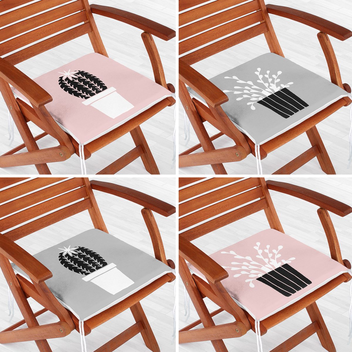 4'lü Gri & Pembe Zeminli Saksılı Kaktüs Tasarımlı Dijital Baskılı Modern Fermuarlı Sandalye Minderi Seti Realhomes