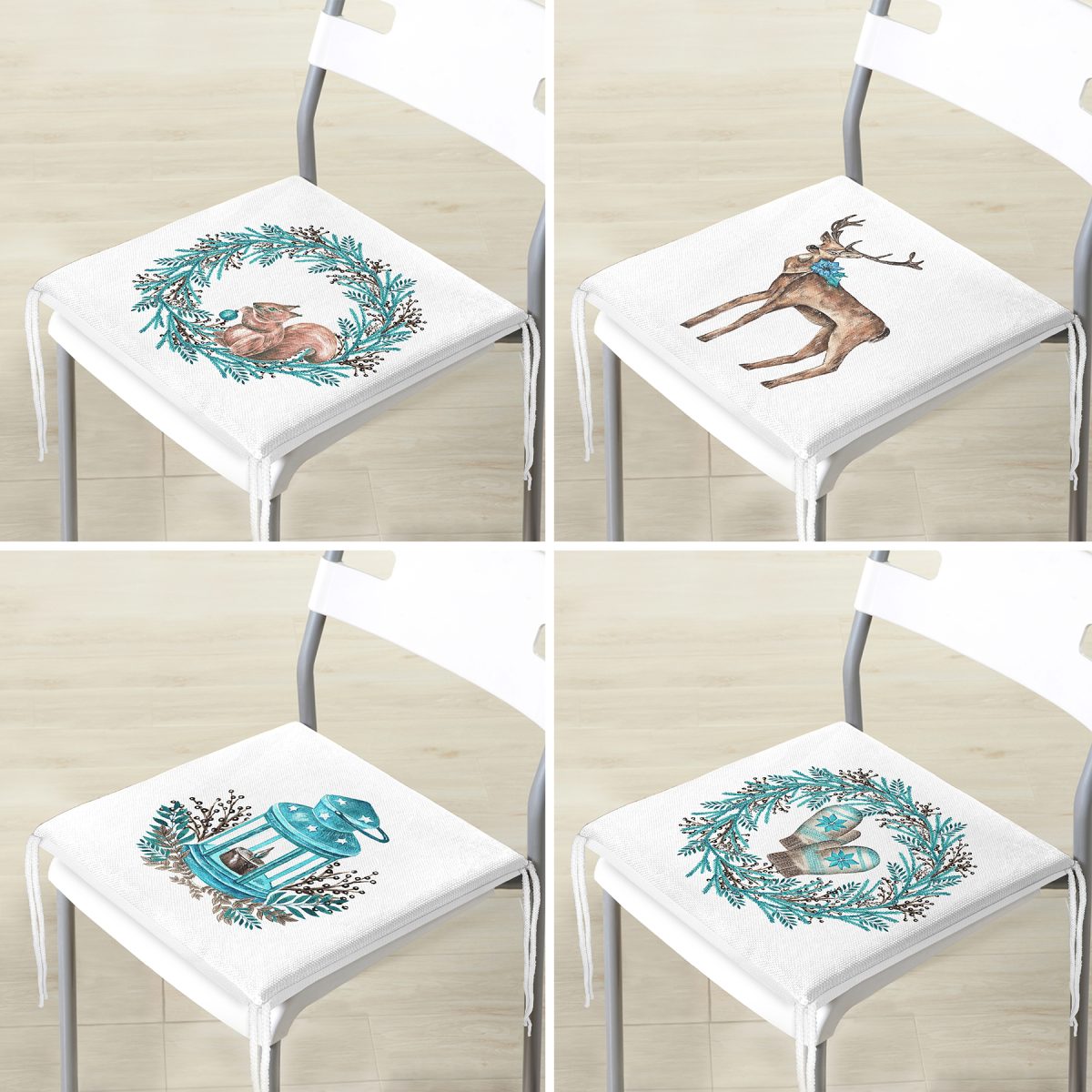 4'lü Özel Tasarım Kış Temalı Dijital Baskılı Modern Fermuarlı Sandalye Minderi Seti Realhomes