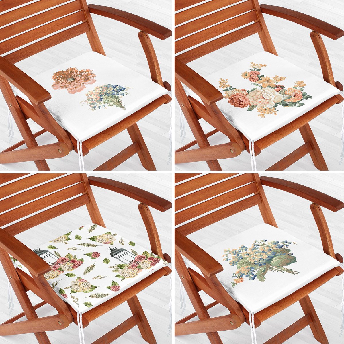4'lü Çiçek Desenli Özel Tasarım Dijital Baskılı Modern Fermuarlı Sandalye Minderi Seti Realhomes