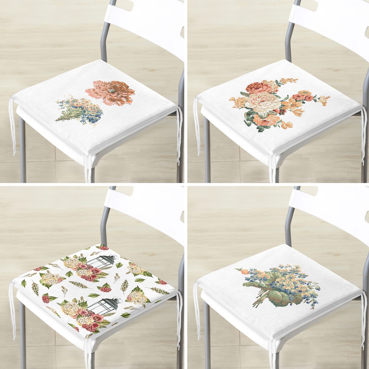 4'lü Çiçek Desenli Özel Tasarım Dijital Baskılı Modern Fermuarlı Sandalye Minderi Seti Realhomes