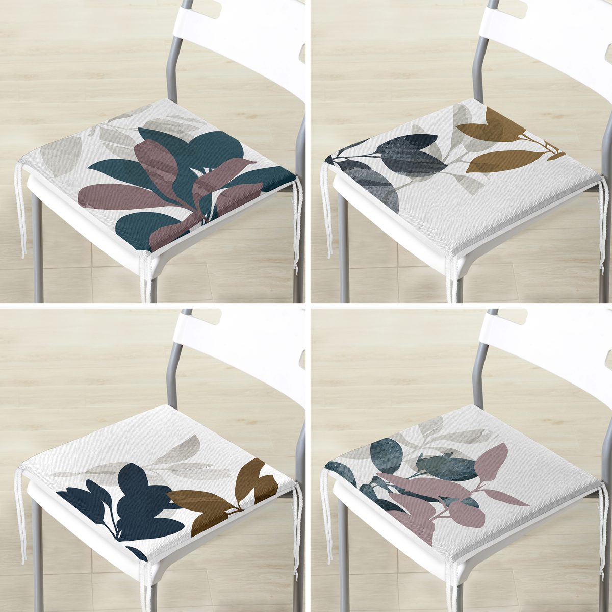 4'lü Pastel Renkli Yaprak Tasarımlı Dijital Baskılı Modern Fermuarlı Sandalye Minderi Seti Realhomes