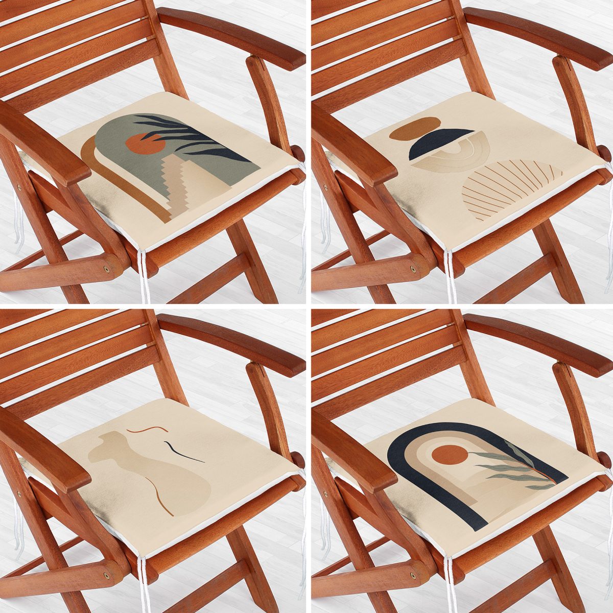 4'lü Vizon Zeminli Etnik Çizimli Dijital Baskılı Modern Fermuarlı Sandalye Minderi Seti Realhomes