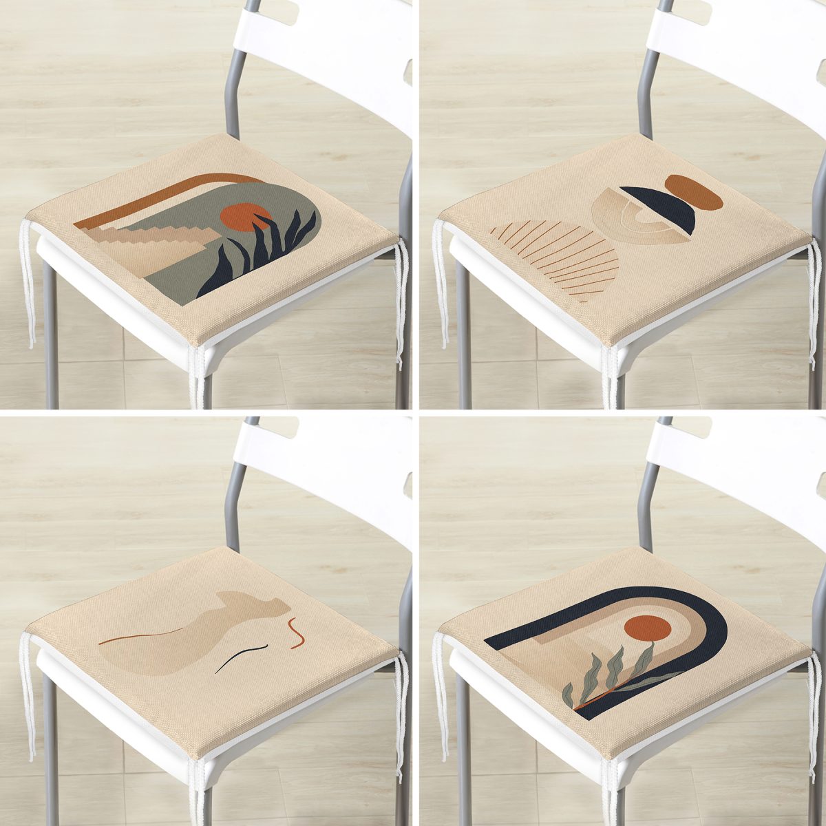 4'lü Vizon Zeminli Etnik Çizimli Dijital Baskılı Modern Fermuarlı Sandalye Minderi Seti Realhomes