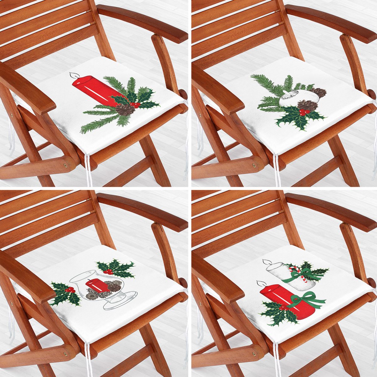 4'lü Kırmızı Mum Şamdan Tasarımlı Dijital Baskılı Modern Fermuarlı Sandalye Minderi Seti Realhomes