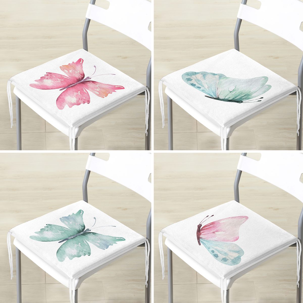 4'lü Renkli Suluboya Kelebek Çizimli Dijital Baskılı Modern Fermuarlı Sandalye Minderi Seti Realhomes
