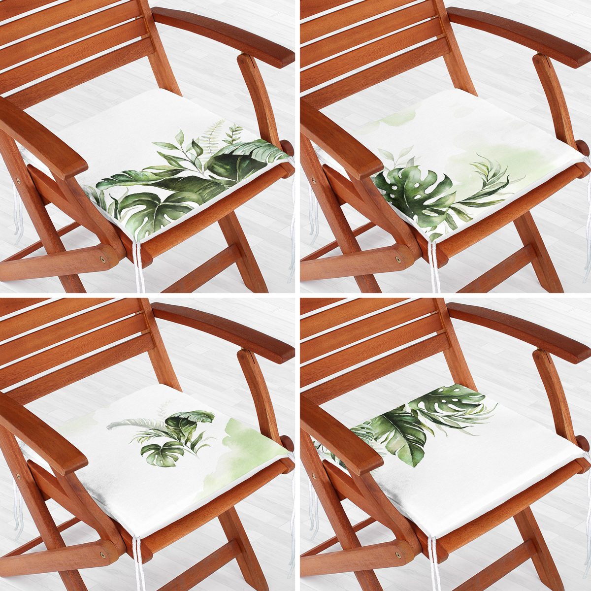 4'lü Beyaz Zemin Yeşil Tropik Yaprak Motifli Dijital Baskılı Modern Fermuarlı Sandalye Minderi Seti Realhomes