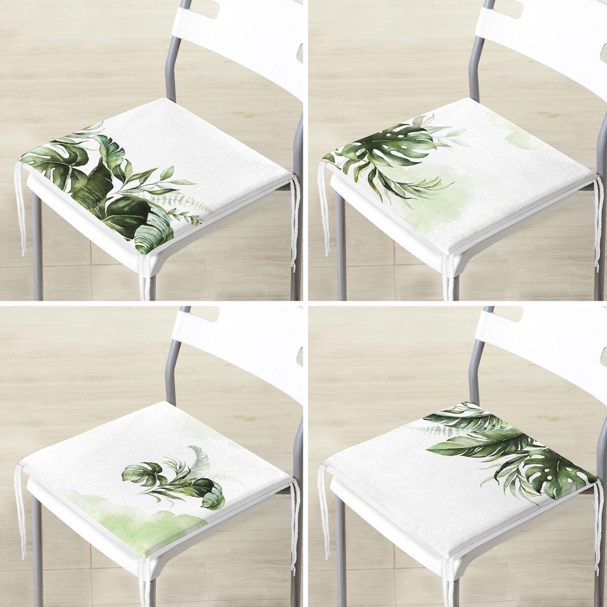 4'lü Beyaz Zemin Yeşil Tropik Yaprak Motifli Dijital Baskılı Modern Fermuarlı Sandalye Minderi Seti Realhomes