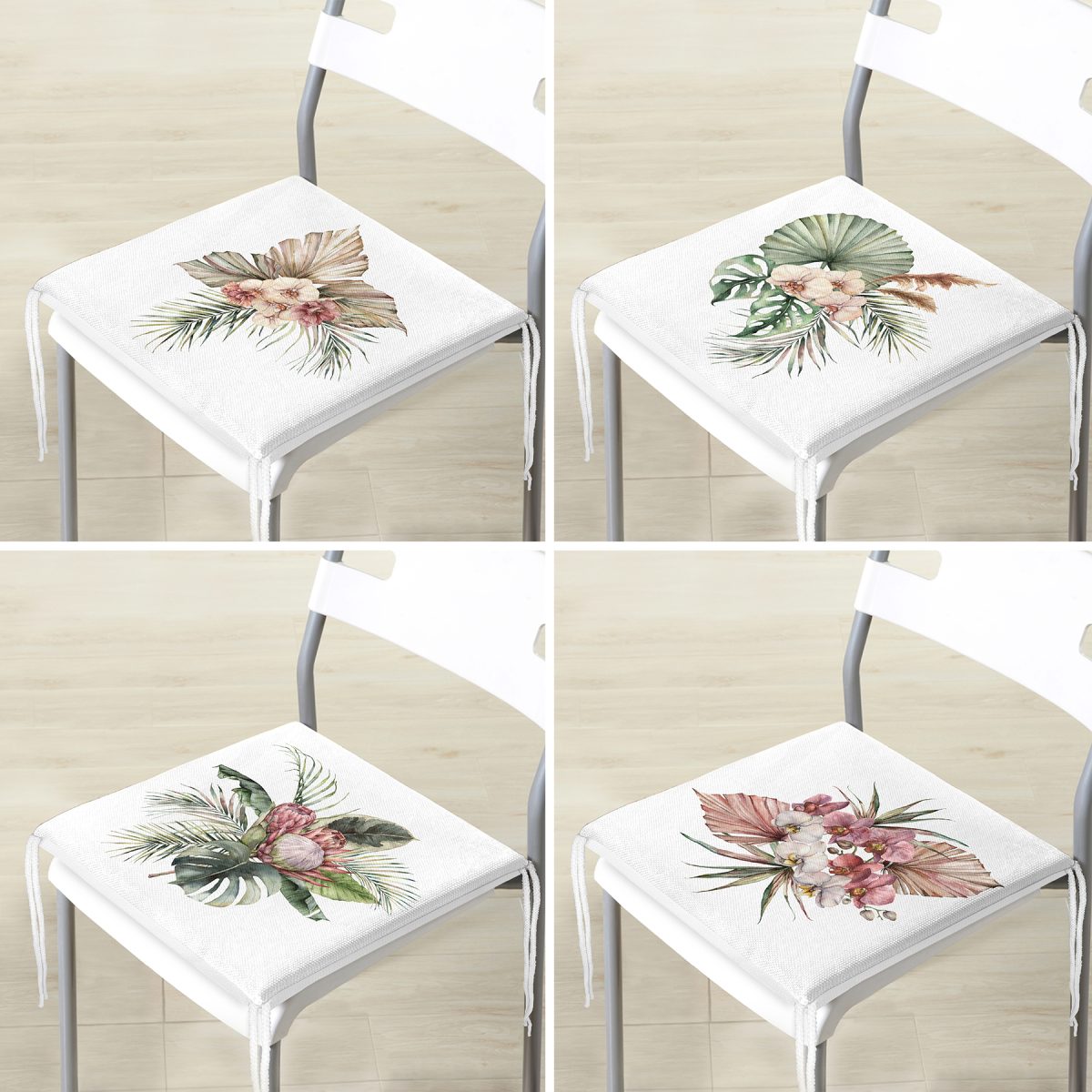 4'lü Egzotik Yaprak Tasarımlı Dijital Baskılı Modern Fermuarlı Sandalye Minderi Seti Realhomes