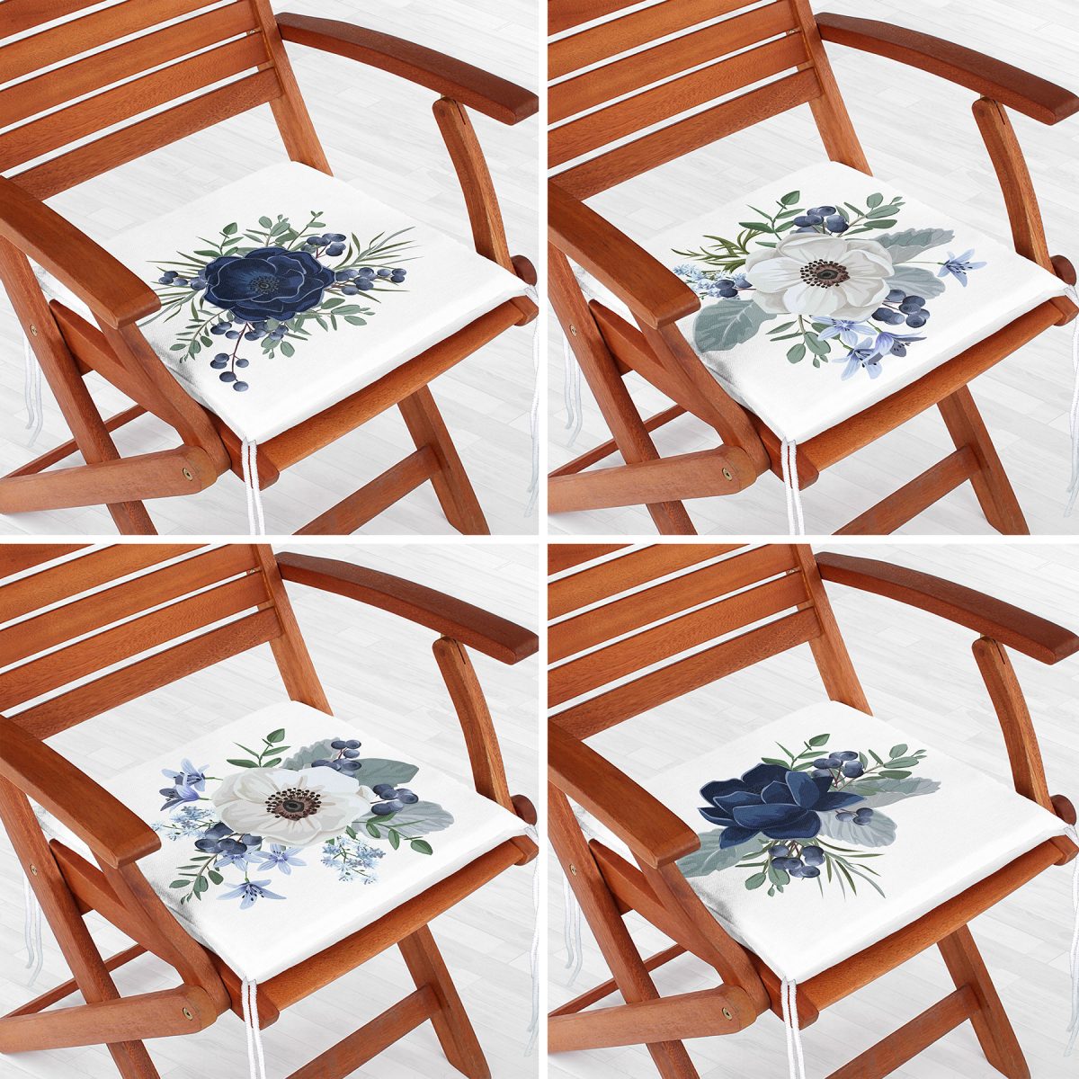 4'lü Mavi Beyaz Gül Tasarımlı Dijital Baskılı Modern Fermuarlı Sandalye Minderi Seti Realhomes