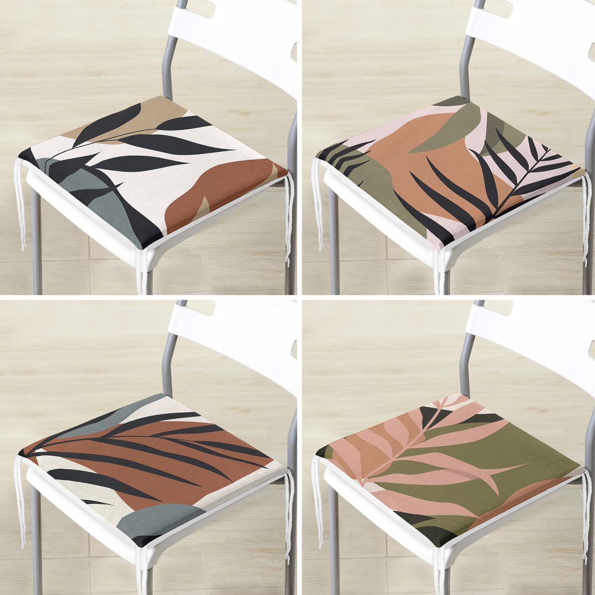 4'lü Özel Tasarım İnce Dal Yaprakları Dijital Baskılı Modern Fermuarlı Sandalye Minderi Seti Realhomes