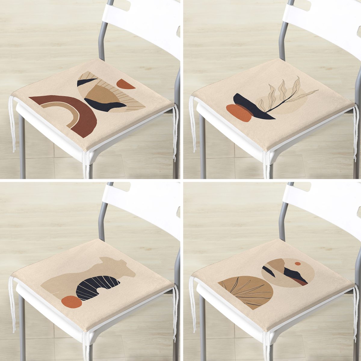 4'lü Krem Zeminli Etnik Tasarımlı Dijital Baskılı Modern Fermuarlı Sandalye Minderi Seti Realhomes