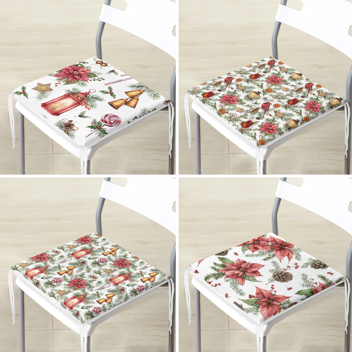 4'lü Renkli Çiçek & Yaprak Tasarımlı Dijital Baskılı Modern Fermuarlı Sandalye Minderi Seti Realhomes
