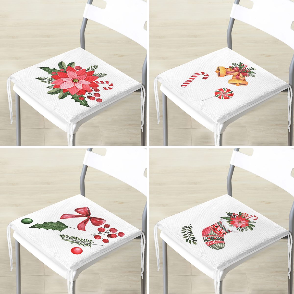 4'lü Çiçek & Şeker Tasarımlı Dijital Baskılı Modern Fermuarlı Sandalye Minderi Seti Realhomes