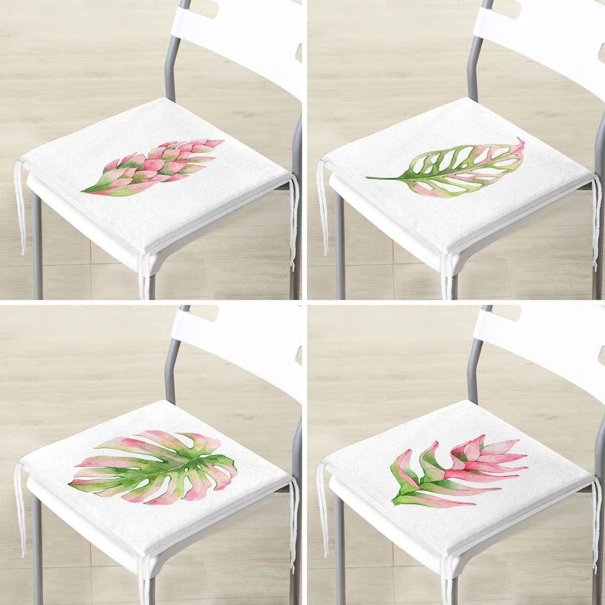 4'lü Egzotik Yaprak Tasarımlı Dijital Baskılı Modern Fermuarlı Sandalye Minderi Seti Realhomes