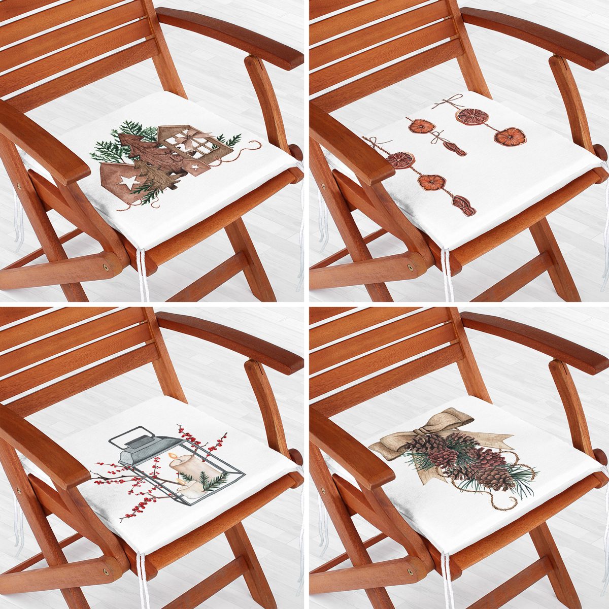 4'lü Kozalak & Şamdan Tasarımlı Dijital Baskılı Modern Fermuarlı Sandalye Minderi Seti Realhomes