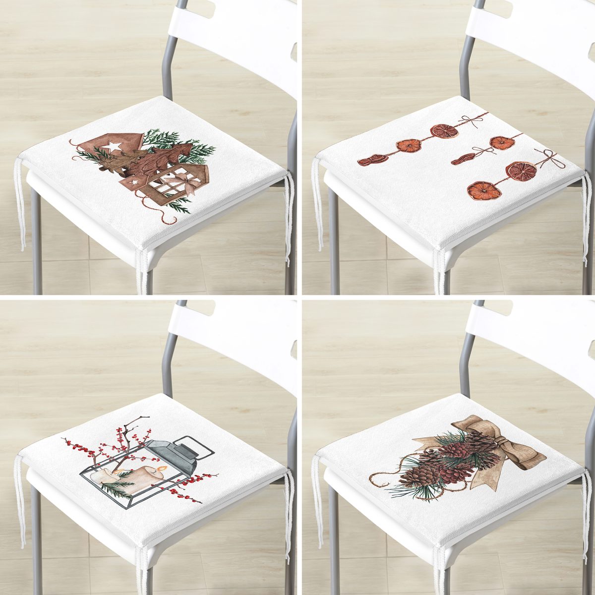 4'lü Kozalak & Şamdan Tasarımlı Dijital Baskılı Modern Fermuarlı Sandalye Minderi Seti Realhomes