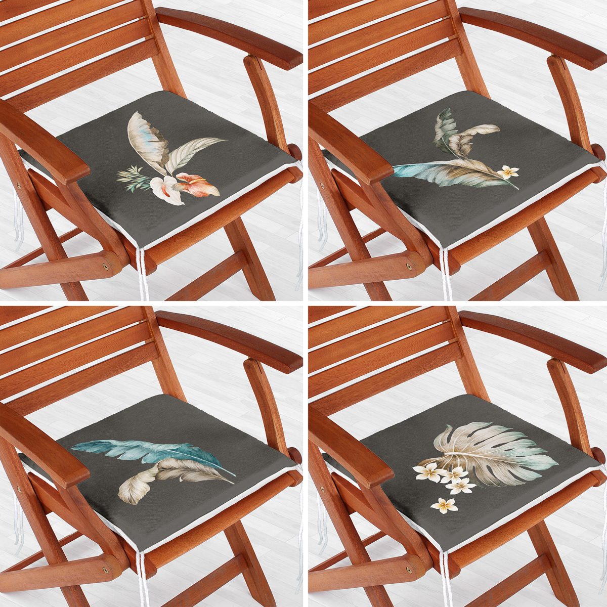 4'lü Koyu Zeminli Tüy Motifli Dijital Baskılı Modern Fermuarlı Sandalye Minderi Seti Realhomes