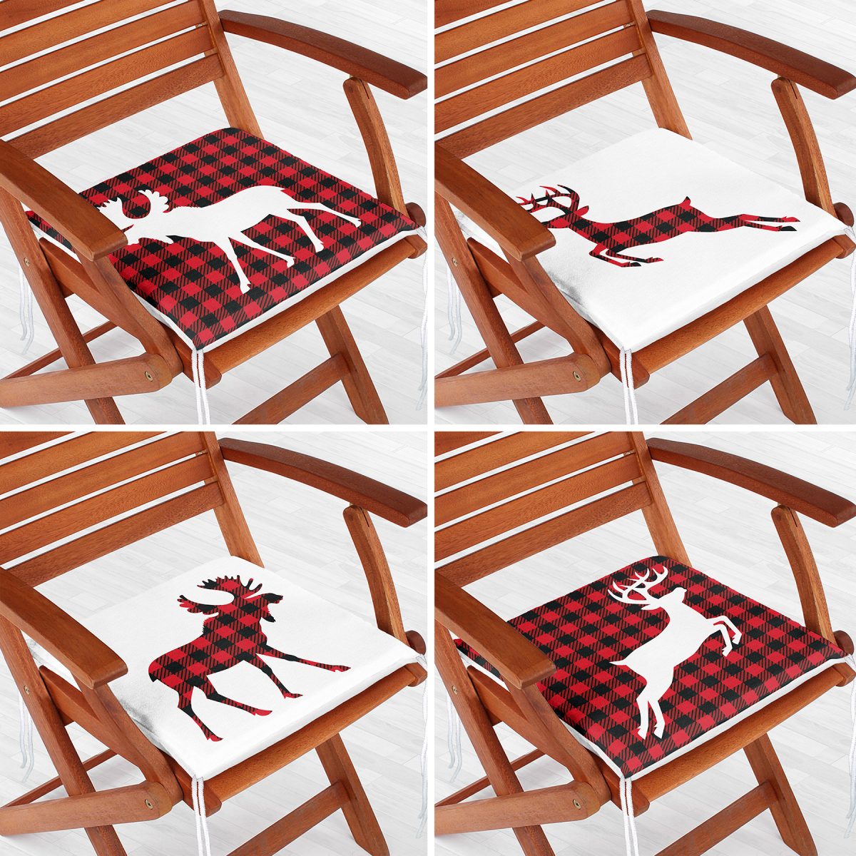 4'lü Ekose Geyik Desenli Dijital Baskılı Modern Fermuarlı Sandalye Minderi Seti Realhomes