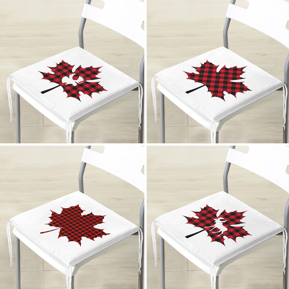 4'lü Ekose Yaprak Tasarımlı Dijital Baskılı Modern Fermuarlı Sandalye Minderi Seti Realhomes