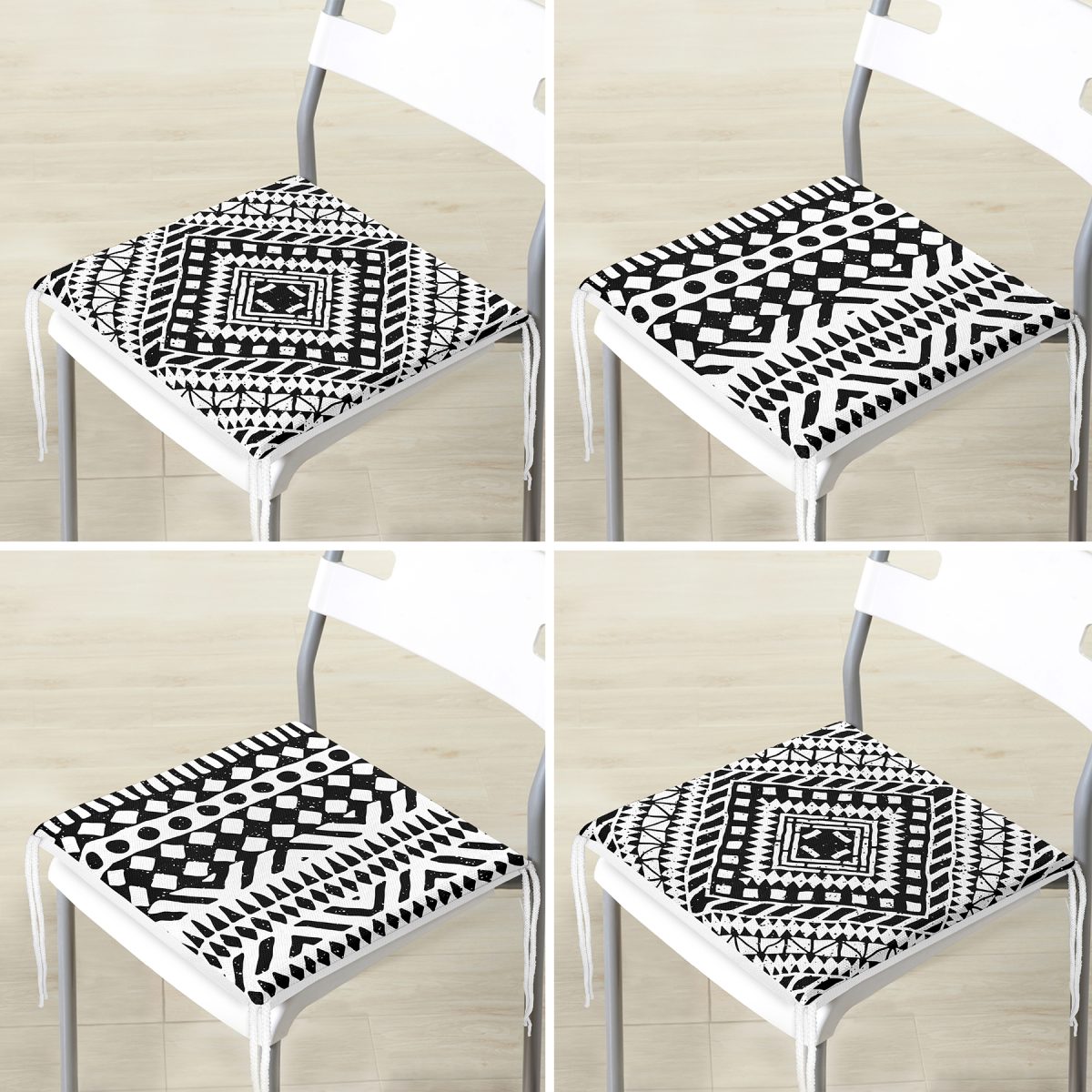 4'lü Siyah Beyaz Etnik Geometrik Çizimli Dijital Baskılı Modern Fermuarlı Sandalye Minderi Seti Realhomes