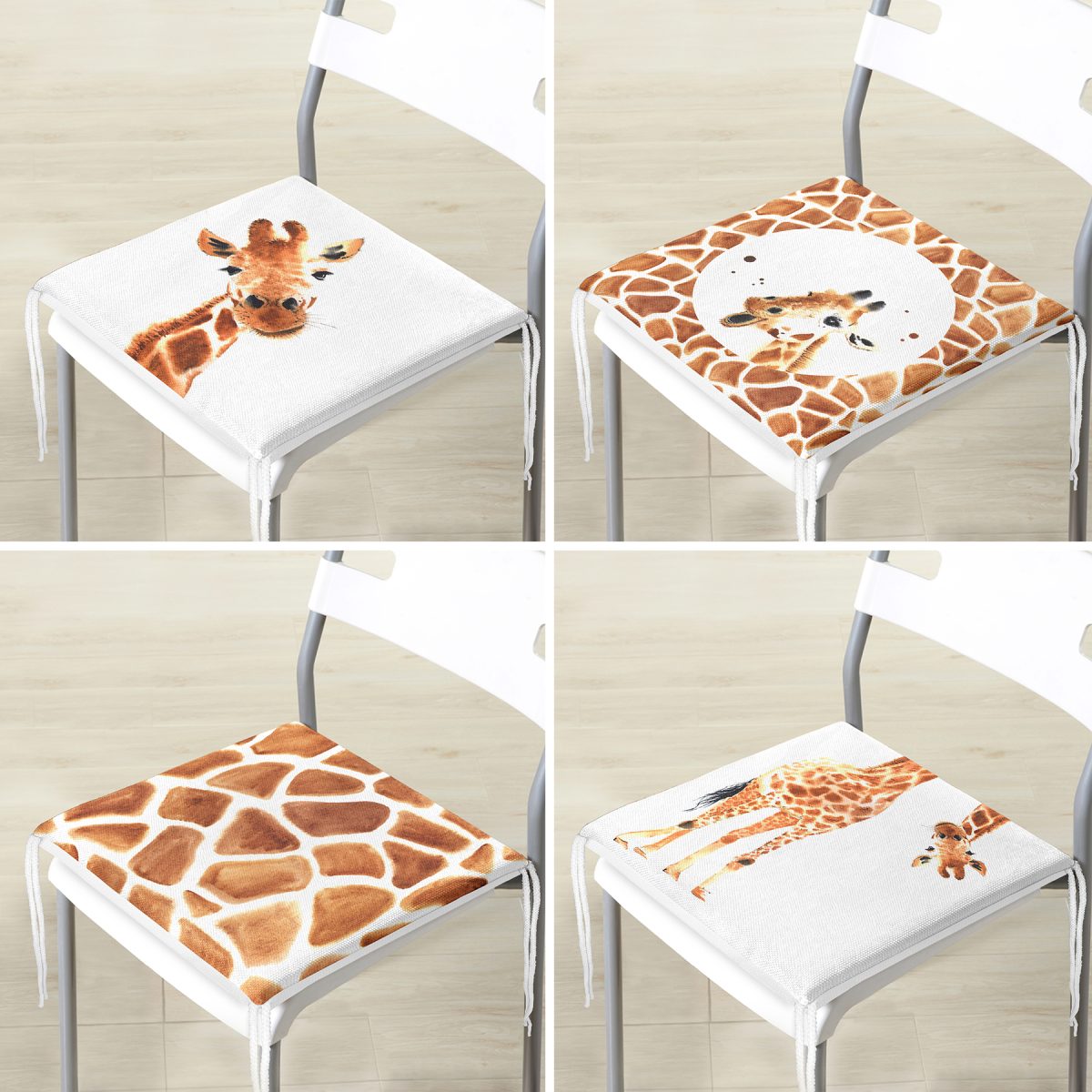4'lü Özel Çizim Zürafa Tasarımlı Dijital Baskılı Modern Fermuarlı Sandalye Minderi Seti Realhomes