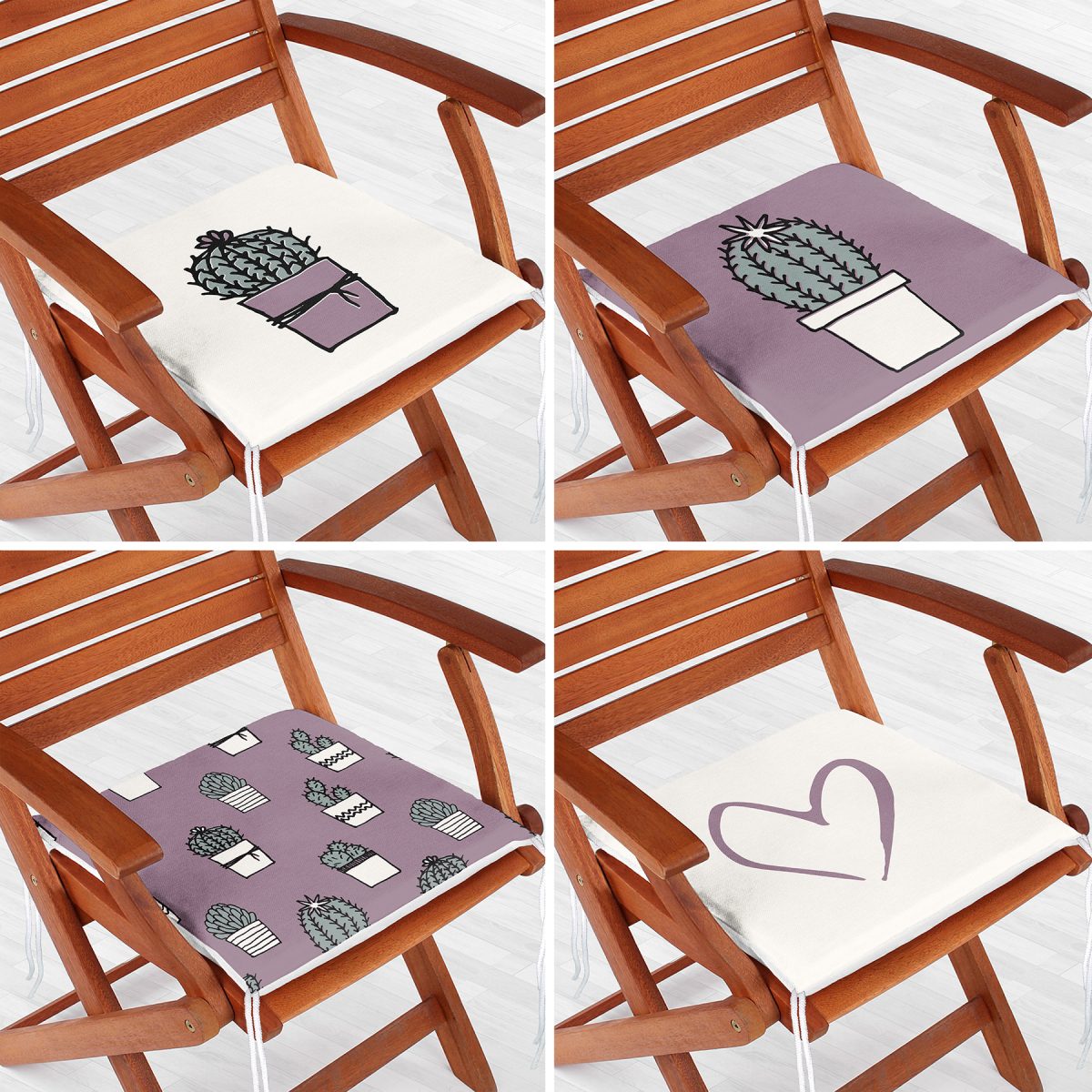 4'lü Efaltun & Beyaz Kaktüs Tasarımlı Dijital Baskılı Modern Fermuarlı Sandalye Minderi Seti Realhomes