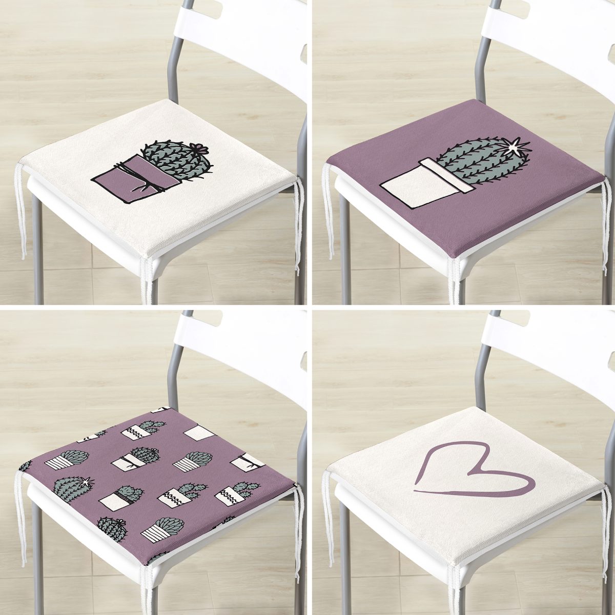 4'lü Efaltun & Beyaz Kaktüs Tasarımlı Dijital Baskılı Modern Fermuarlı Sandalye Minderi Seti Realhomes