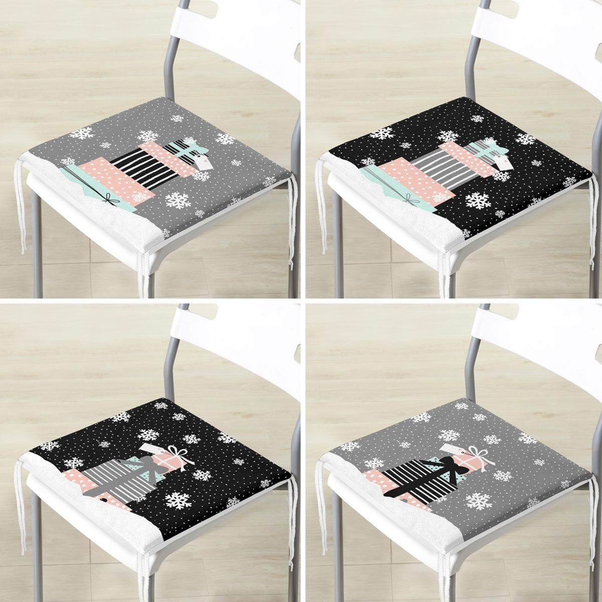 4'lü Siyah & Gri Hediye Paketleri Yılbaşı Temalı Dijital Baskılı Modern Fermuarlı Sandalye Minderi Seti Realhomes