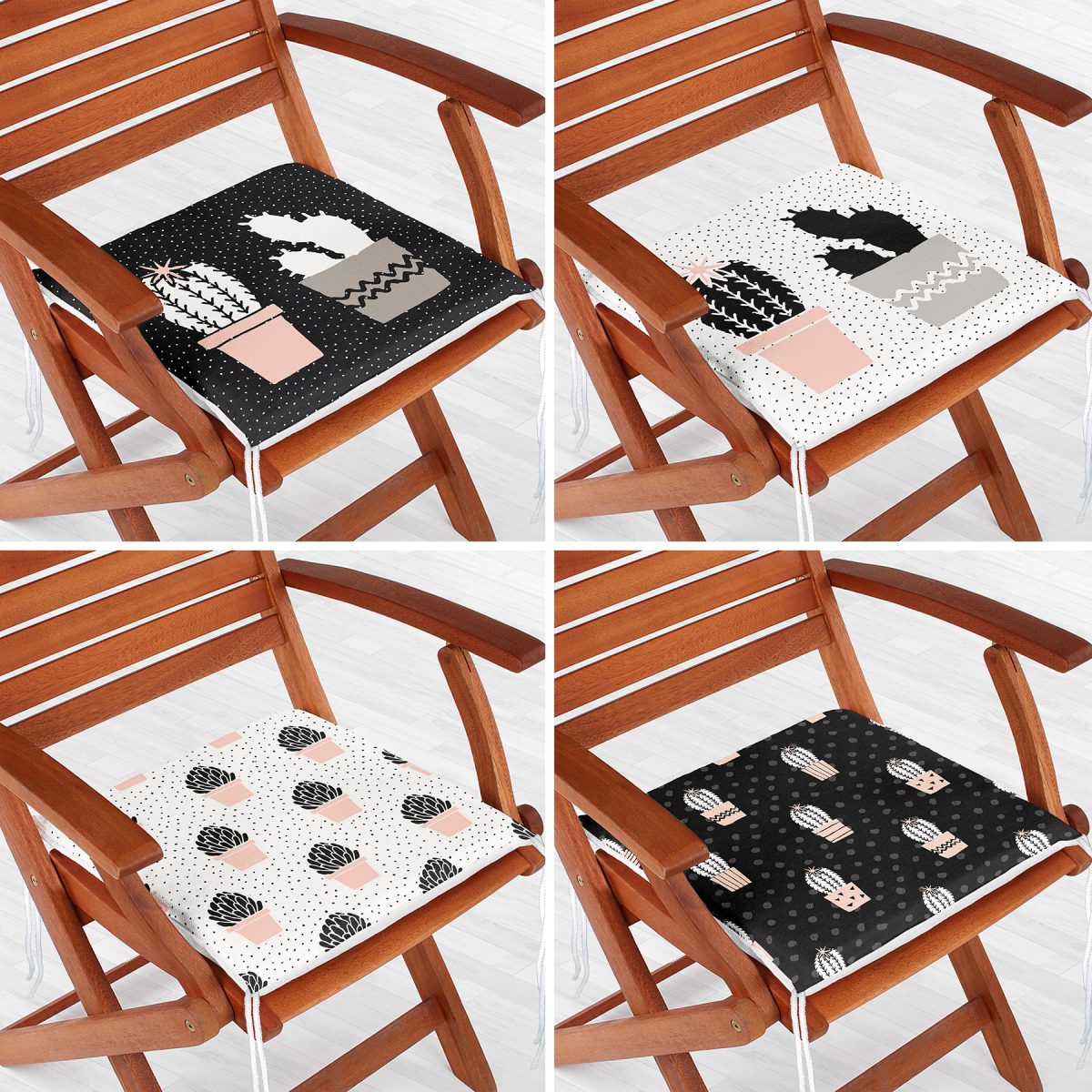 4'lü Siyah Beyaz Zemin Kaktüs Çizimli Dijital Baskılı Modern Fermuarlı Sandalye Minderi Seti Realhomes