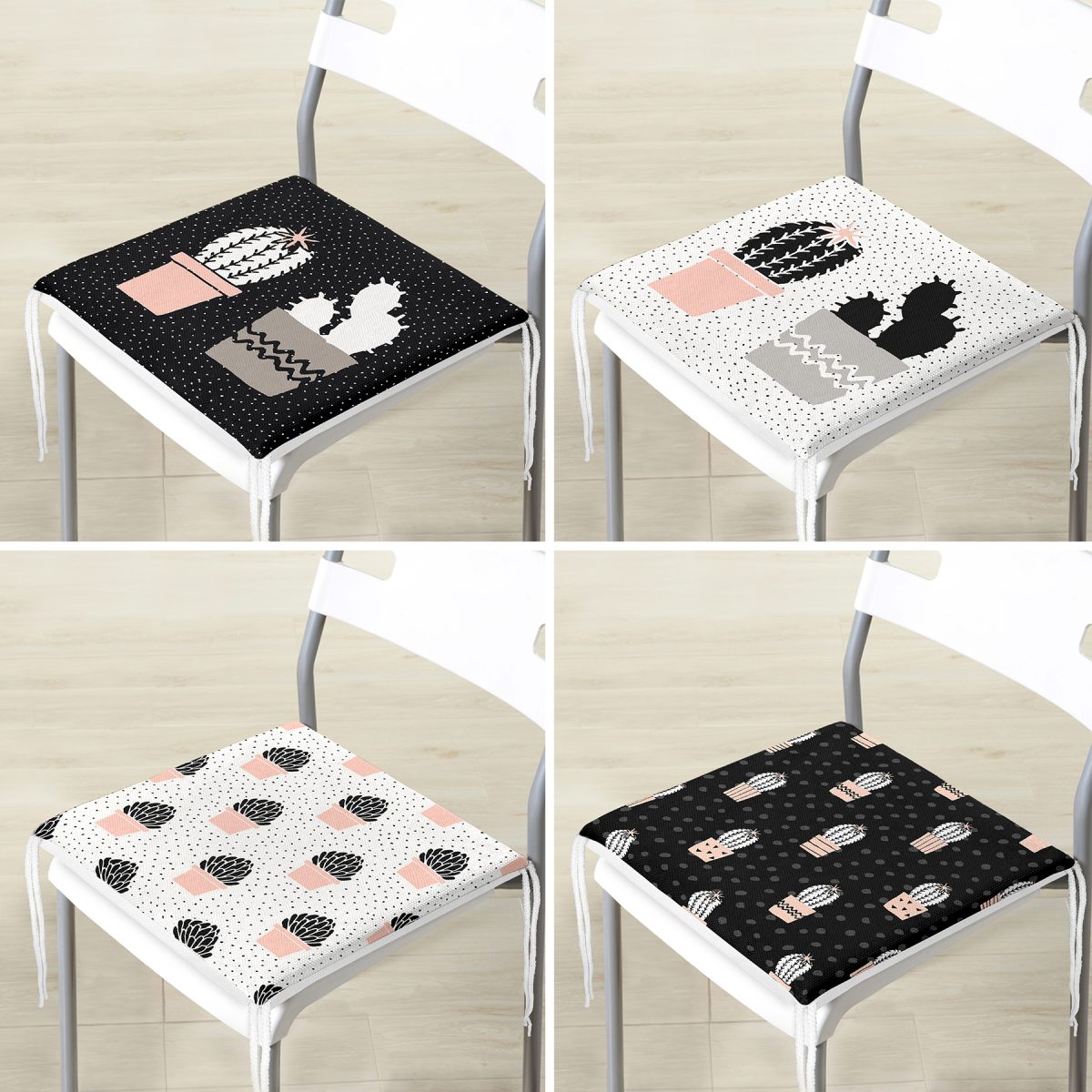 4'lü Siyah Beyaz Zemin Kaktüs Çizimli Dijital Baskılı Modern Fermuarlı Sandalye Minderi Seti Realhomes