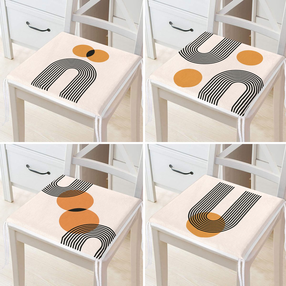 4'lü Geometrik Çizimli Soyut Tasarımlı Dijital Baskılı Modern Fermuarlı Sandalye Minderi Seti Realhomes