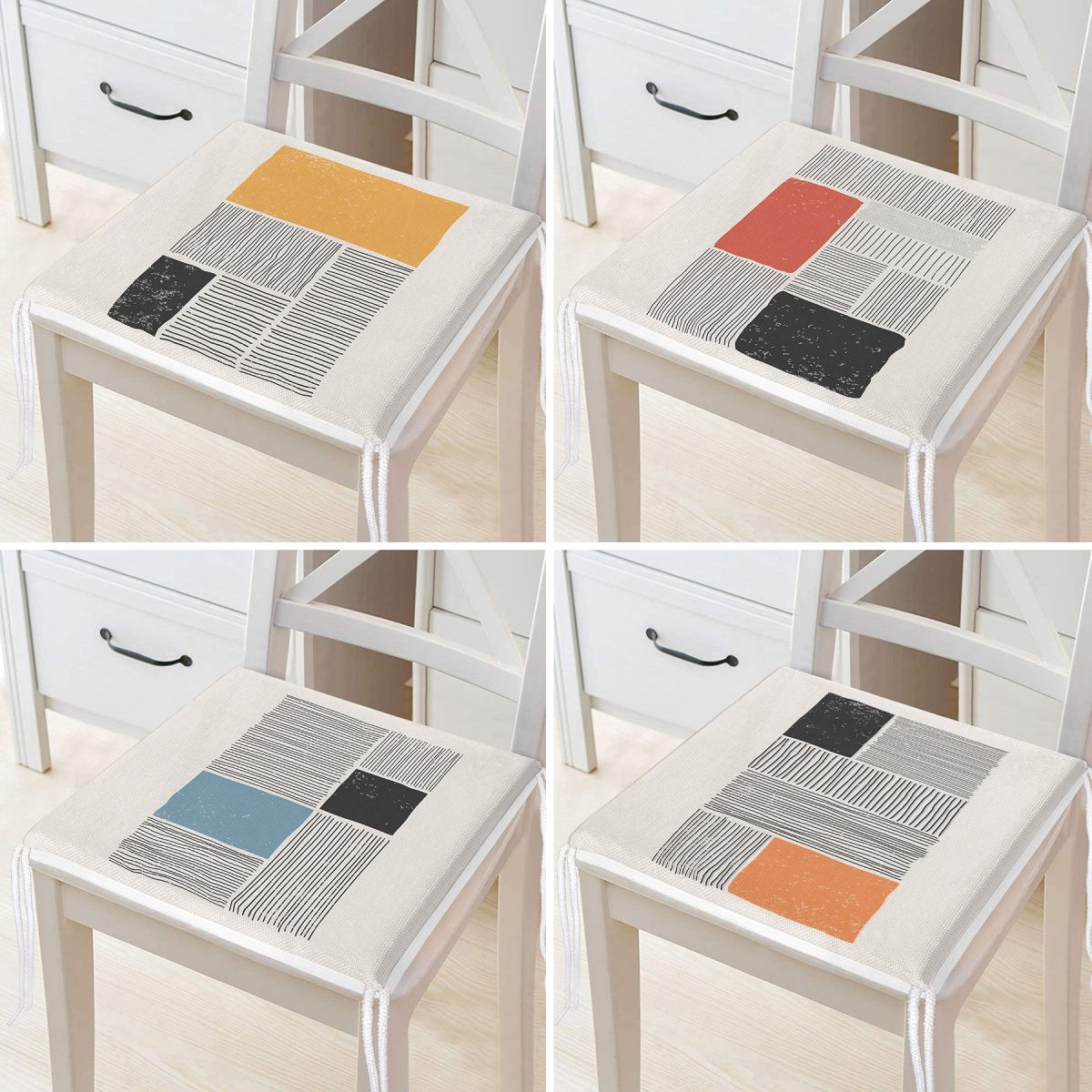 4'lü Koyu Fildişi Renkli Çizgi Tasarımlı Dijital Baskılı Modern Fermuarlı Sandalye Minderi Seti Realhomes