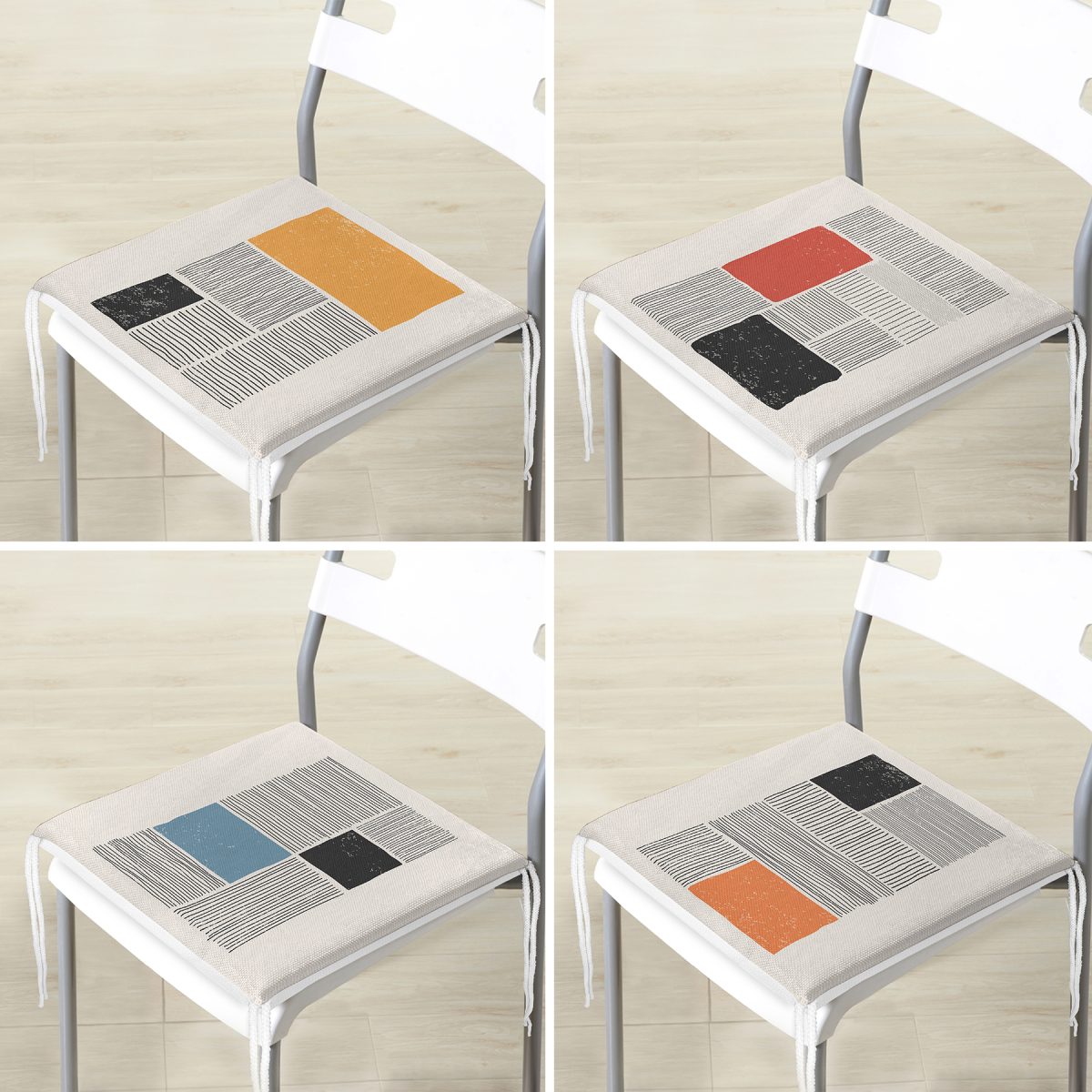 4'lü Koyu Fildişi Renkli Çizgi Tasarımlı Dijital Baskılı Modern Fermuarlı Sandalye Minderi Seti Realhomes