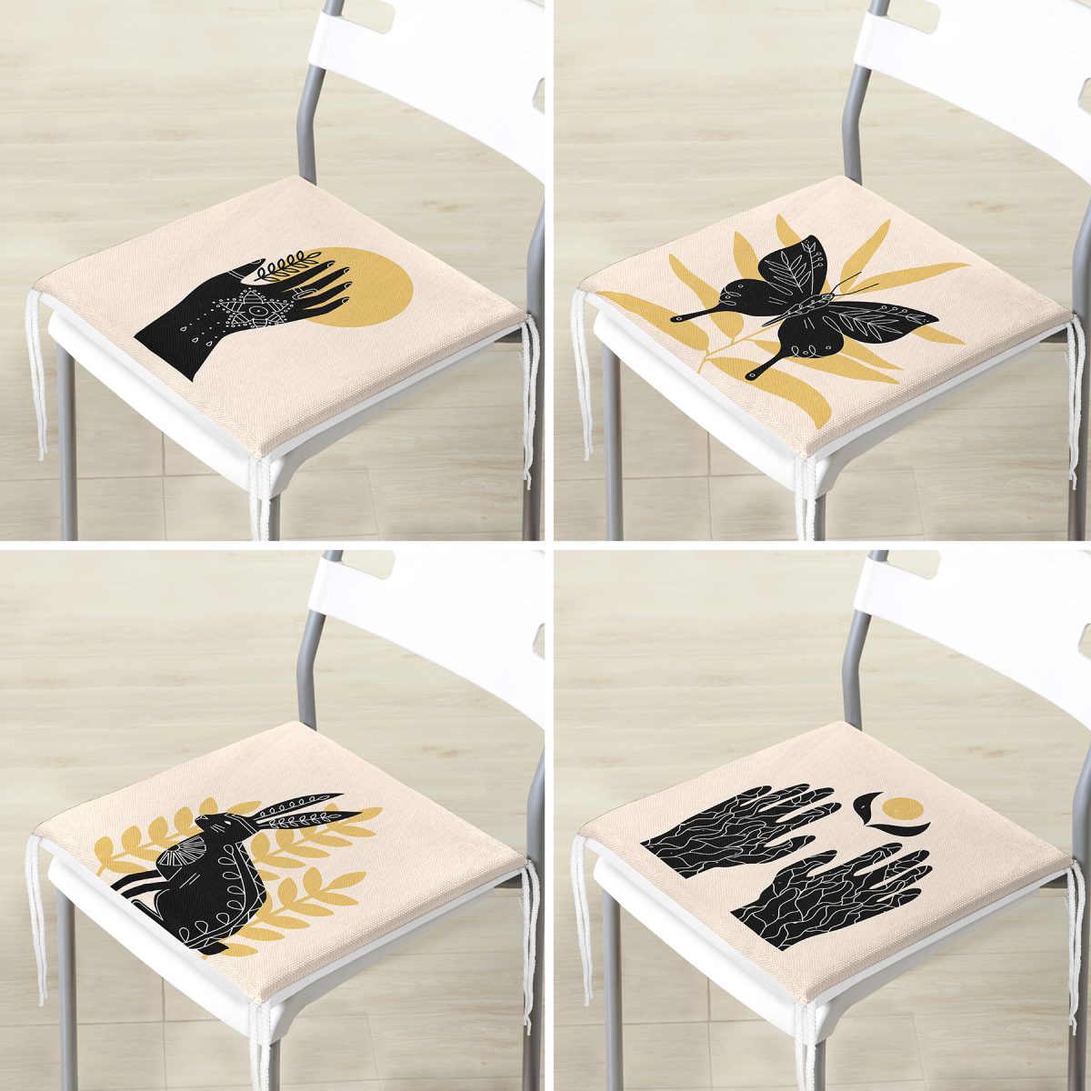4'lü Kelebek & Mehndi Özel Tasarımlı Dijital Baskılı Modern Fermuarlı Sandalye Minderi Seti Realhomes