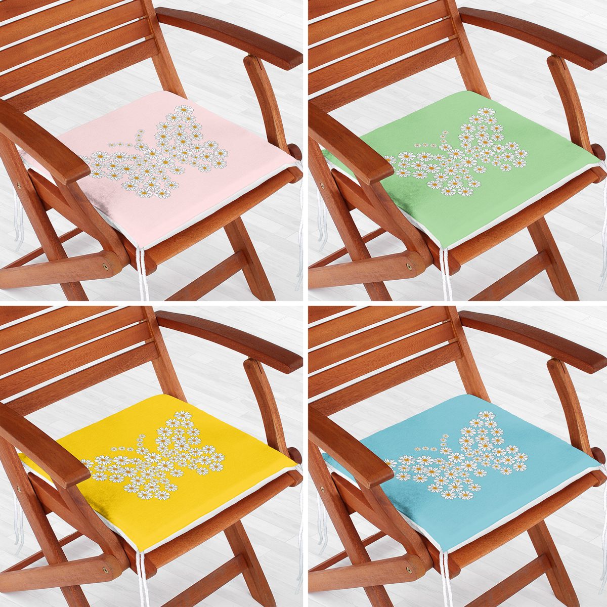 4'lü Renkli Zemin Papatya Kelebek Özel Tasarımlı Dijital Baskılı Modern Fermuarlı Sandalye Minderi Seti Realhomes