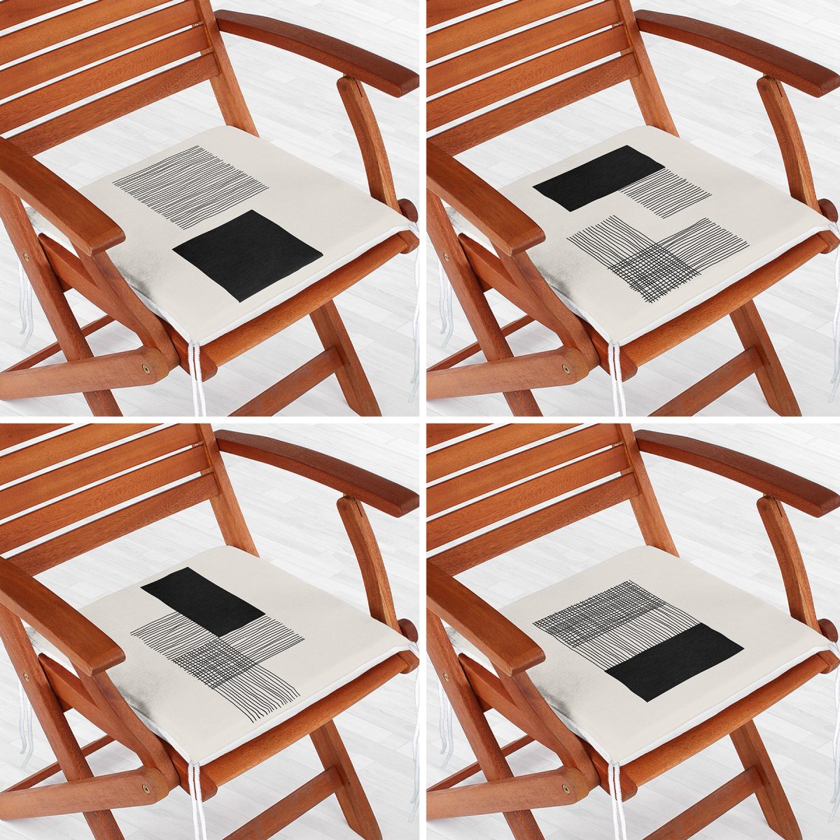 4'lü Krem Zemin Kareli Çizgi Motifli Fermuarlı Sandalye Minderi Seti Realhomes