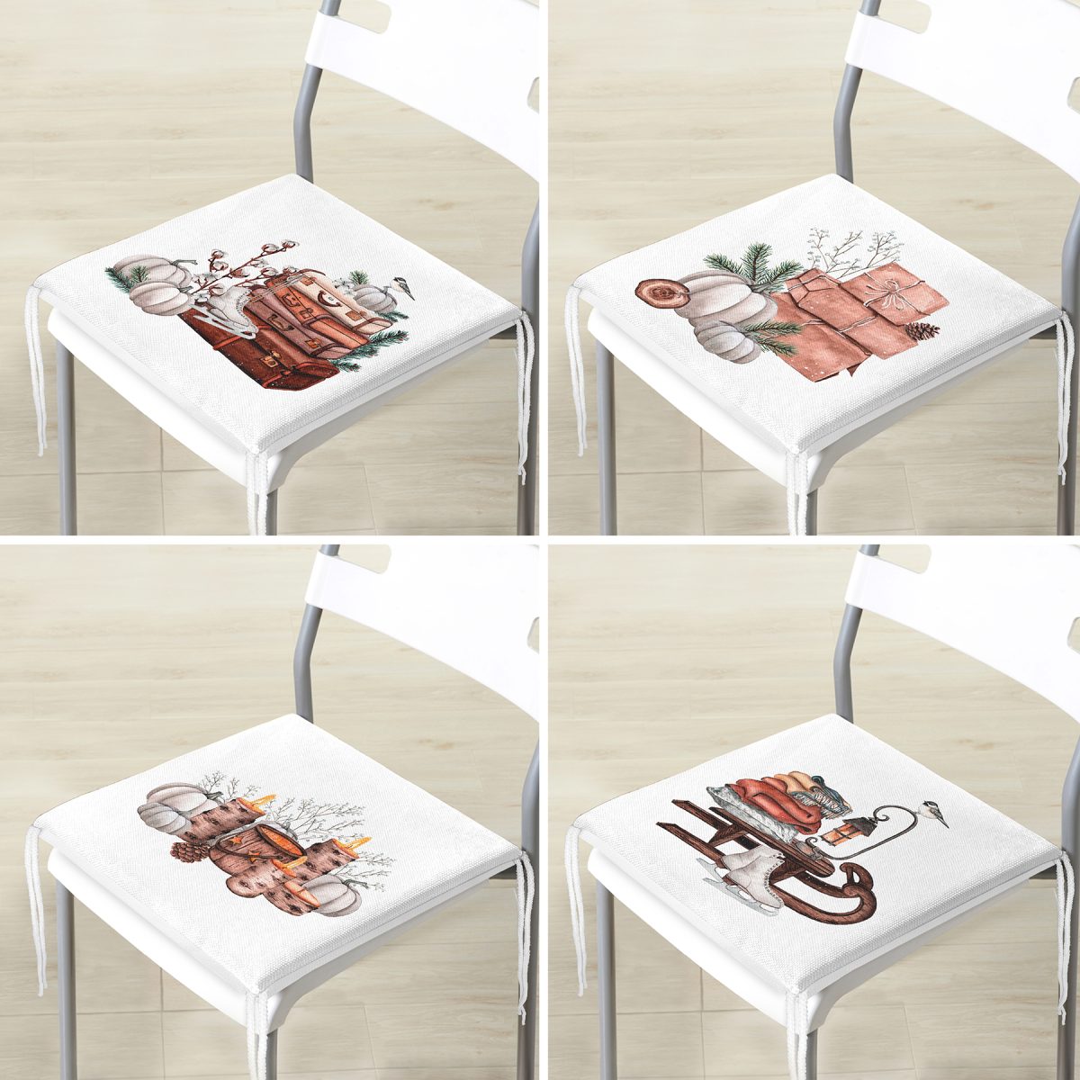 4'lü Kış Temalı Özel Tasarım Dijital Baskılı Modern Fermuarlı Sandalye Minderi Seti Realhomes