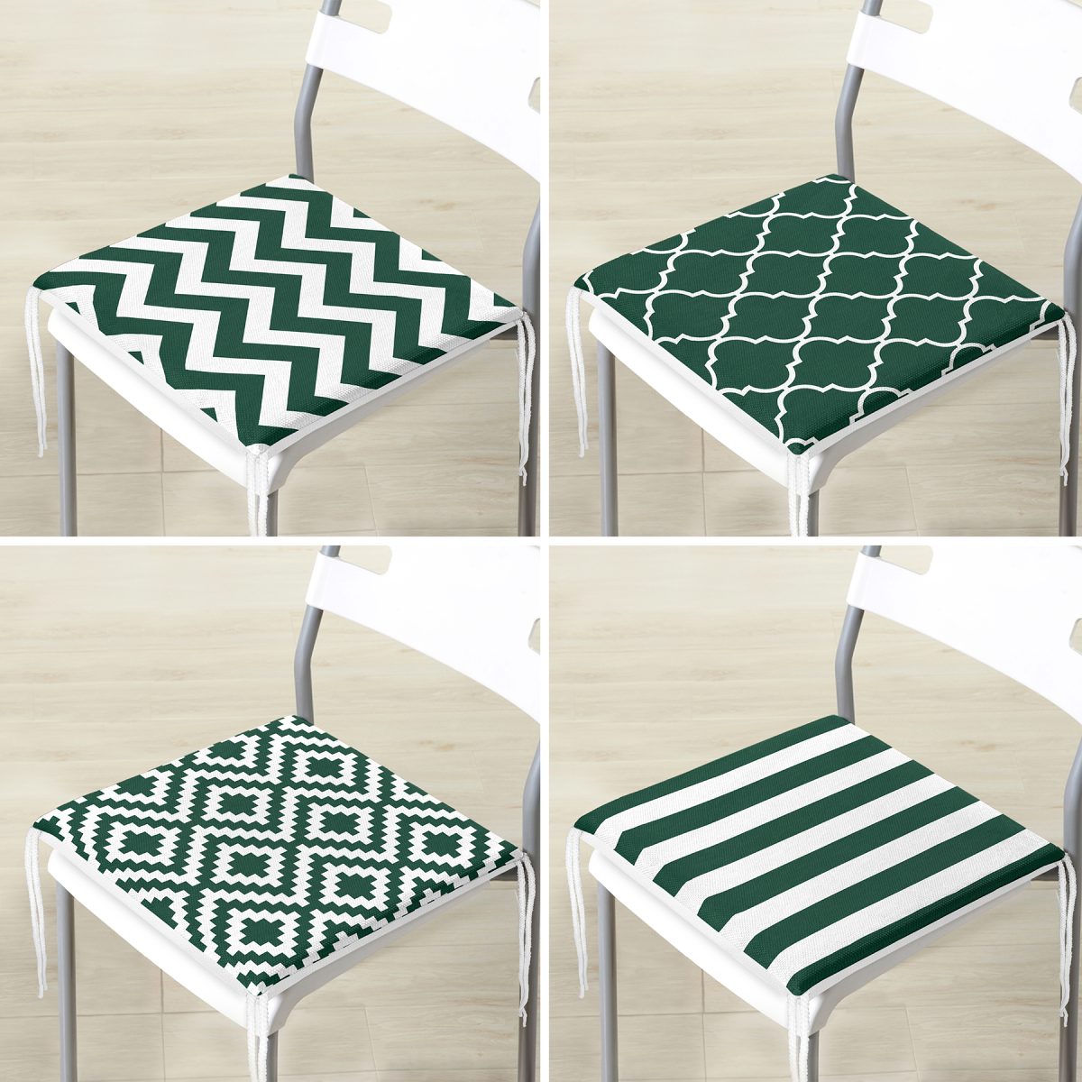 4'lü Koyu Yeşil Geometrik Çizimler Özel Tasarım Dijital Baskılı Modern Fermuarlı Sandalye Minderi Seti Realhomes