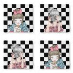 4'lü Damalı Zeminde Pop-Art Kız Tasarımlı Fermuarlı Sandalye Minderi Seti Realhomes