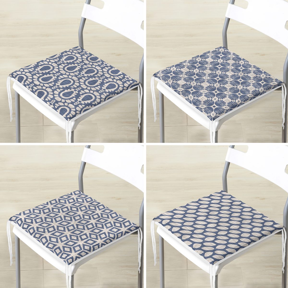 4'lü Kot Zemin Üzerinde Geometrik Şekiller Motifli Dijital Baskılı Fermuarlı Sandalye Minderi Seti Realhomes