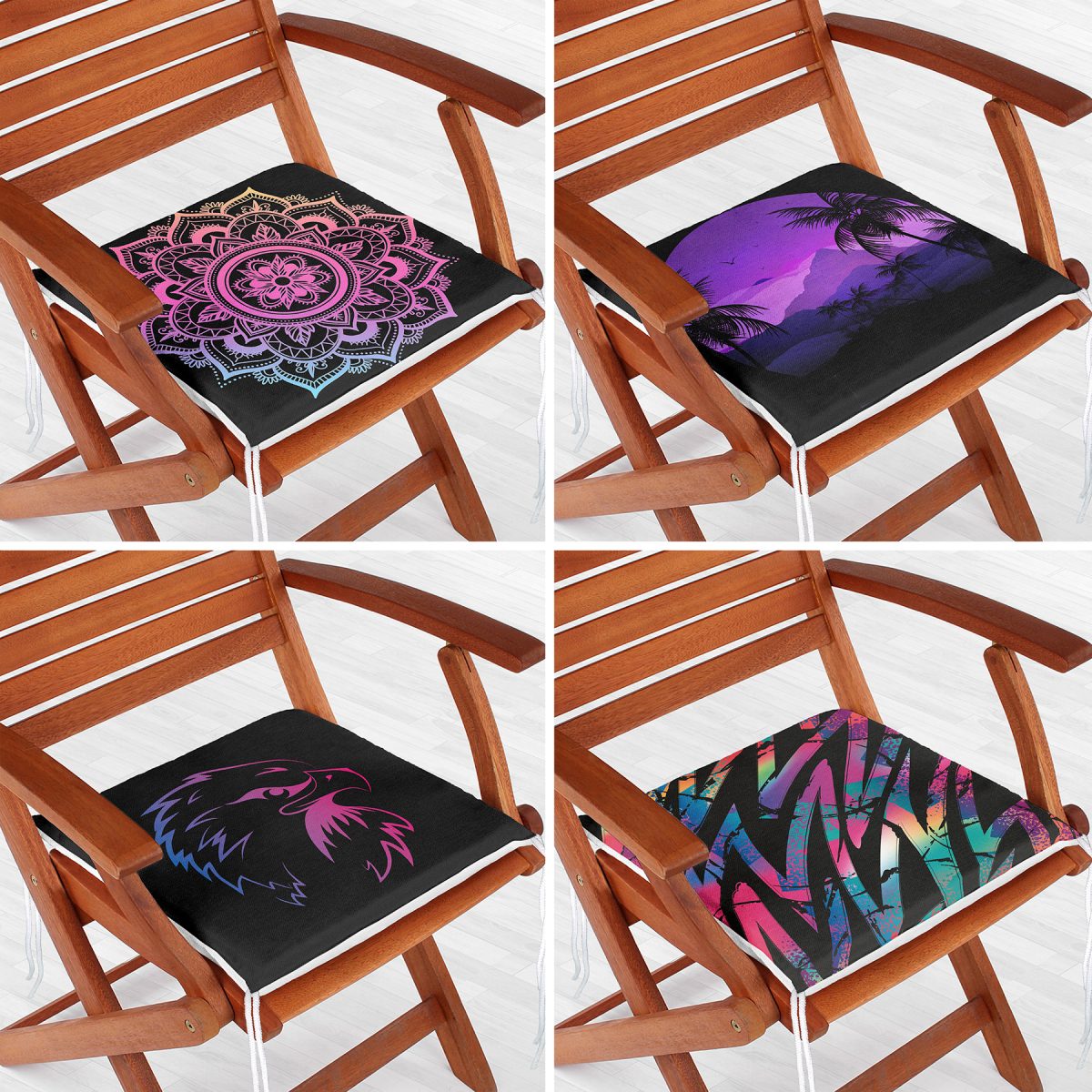 4'lü Neon Geometrik Çizim Tasarımlı Modern Dijital Baskılı Fermuarlı Sandalye Minderi Seti Realhomes