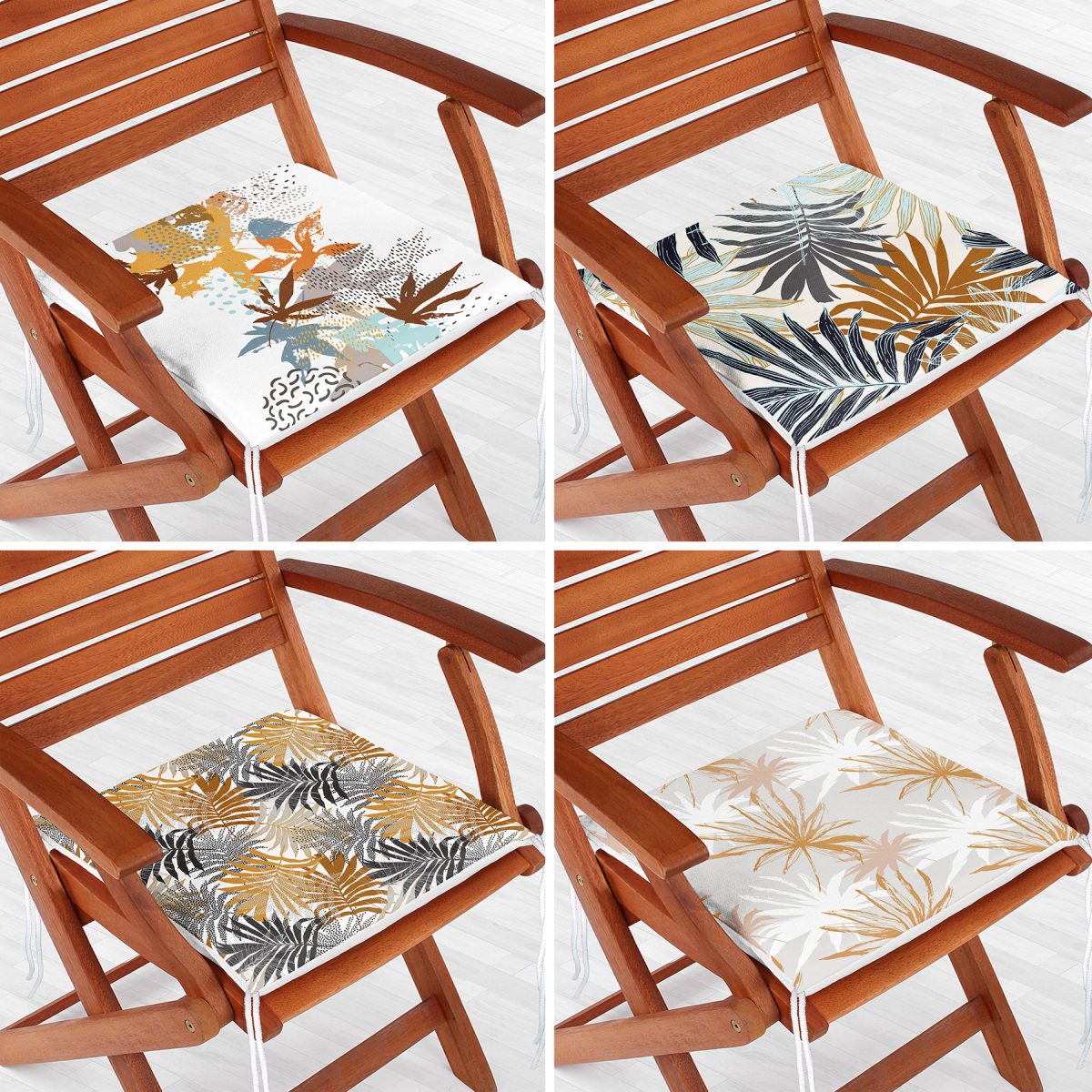 4'lü Gold Tropik Yaprak Motifli Dekoratif Modern Dijital Baskılı Fermuarlı Sandalye Minderi Seti Realhomes
